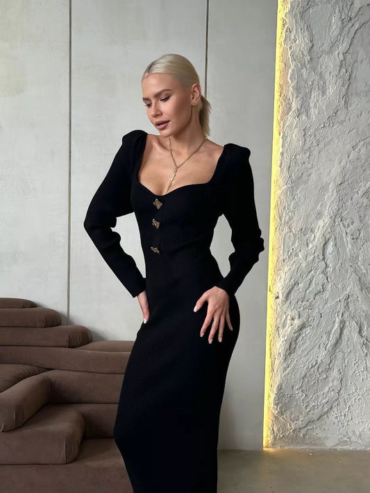 Knitted Dress Fall Slim Fit Slimming High Waist Long Sweater Hip Dress
