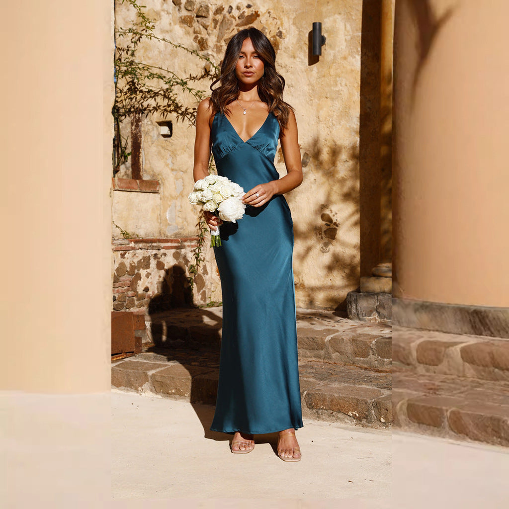 Satin Spaghetti Strap Deep V-Neck Ruched Bust Slip Maxi Dress