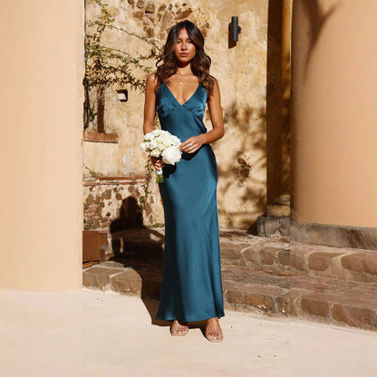 Satin Spaghetti Strap Deep V-Neck Ruched Bust Slip Maxi Dress