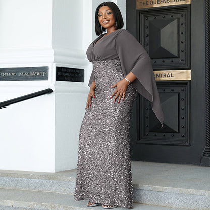 plus Size Long Sequined V neck Long Sleeve Cocktail Evening Dress Bridesmaid Dress