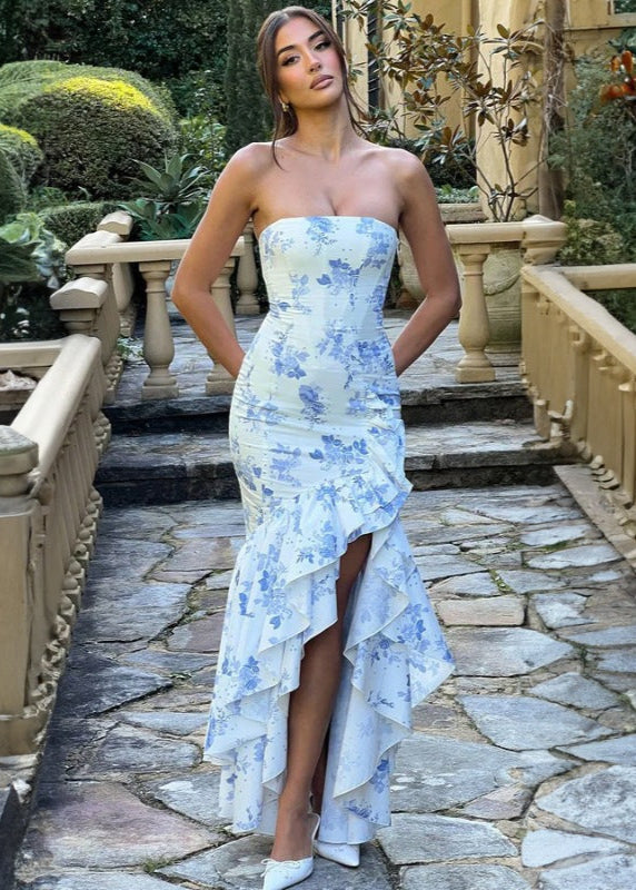 Strapless Fitted Bodice Asymmetric Ruffle High Low Floral Print Maxi Dress