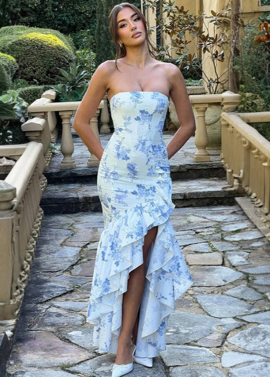 Strapless Fitted Bodice Asymmetric Ruffle High Low Floral Print Maxi Dress