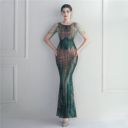Positioning Floral Sequin Craft Beaded Party Dinner Ceremony Concert Maxi Dress Evening Dress