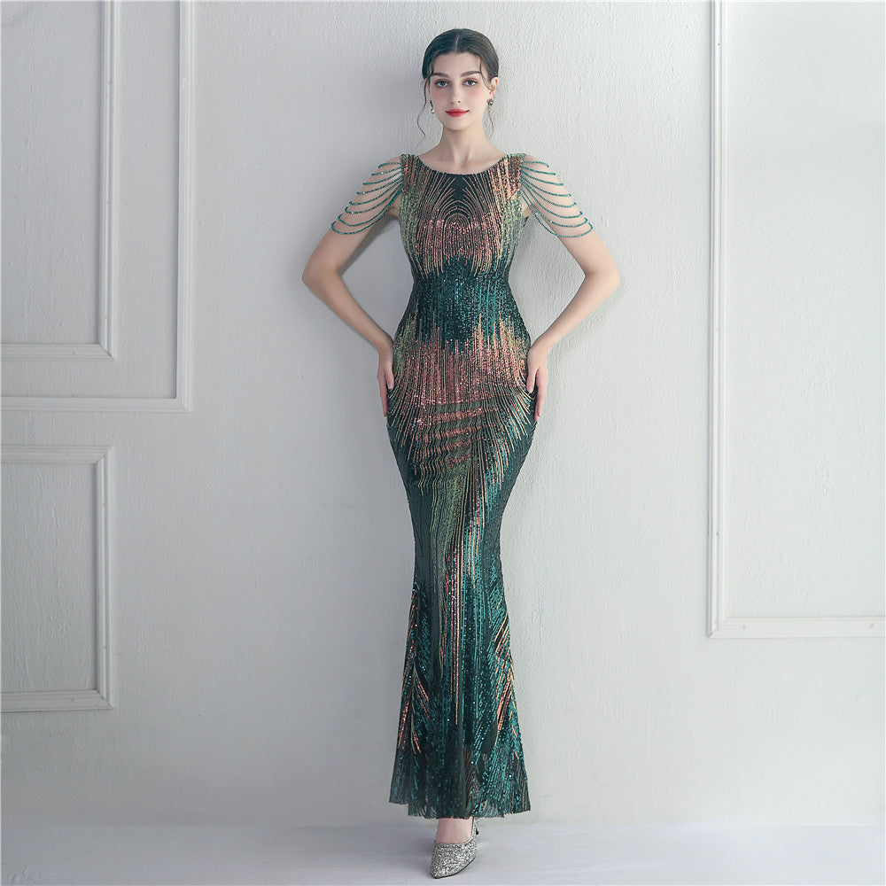 Positioning Floral Sequin Craft Beaded Party Dinner Ceremony Concert Maxi Dress Evening Dress