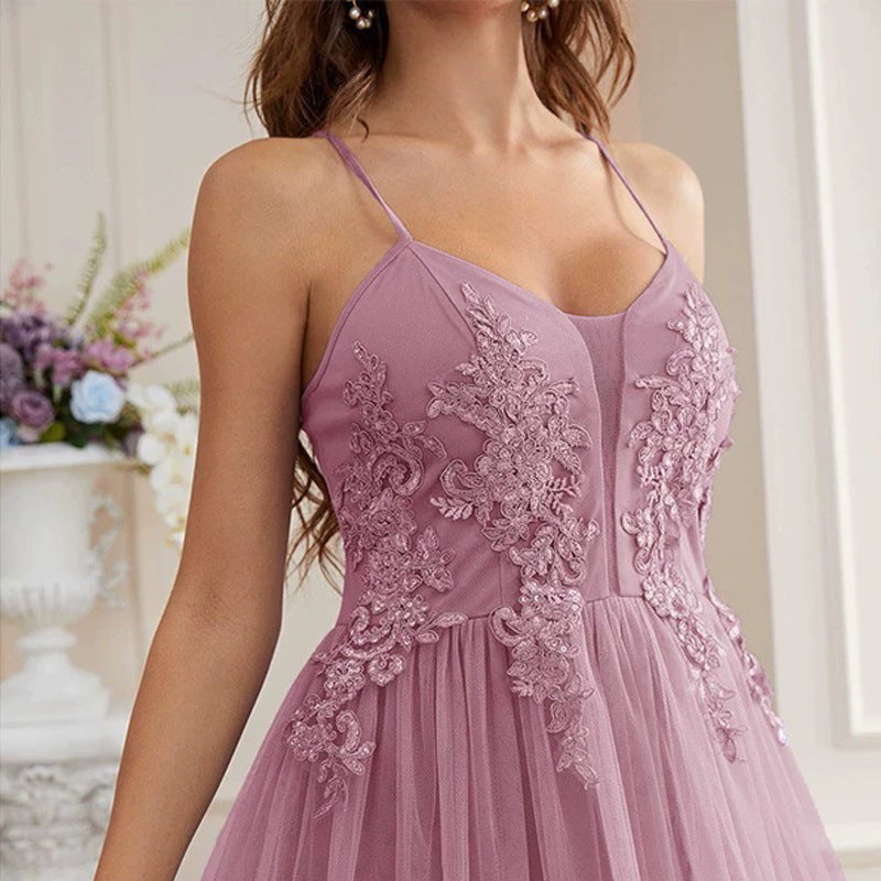 V Neck Spaghetti Strap Floral Lace Applique Tulle Tiered Asymmetrical Maxi Gown