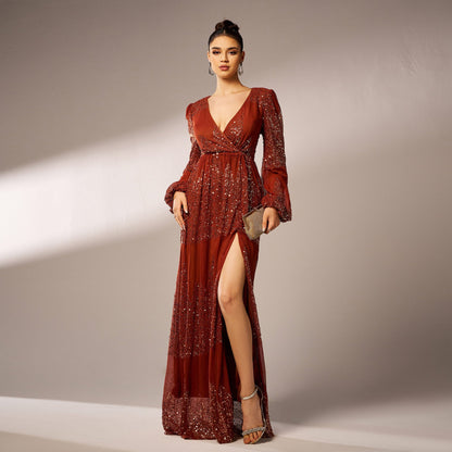 High End Long Sleeved Elegant V Neck Long Sequined Cocktail Evening Dress Bridesmaid Dress