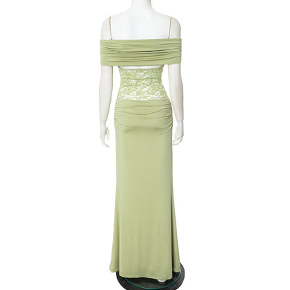 Women's Spring/Summer New Solid Color Off Shoulder Splicing Lace Extra Long Slimming Dress