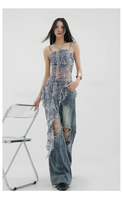 Black Asymmetric Ribbon Strap Tank Top With Ruffle Edge Design