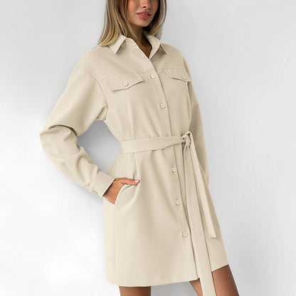 Office Elegant Belt Tooling Fall Collared Khaki Drop Shoulder Sleeve Pocket Retro