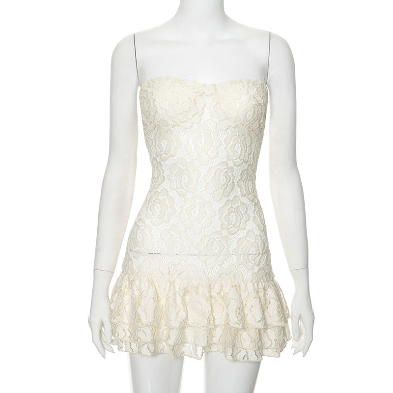 Strapless Floral Lace Corset Tiered Ruffle Hem Mini Dress