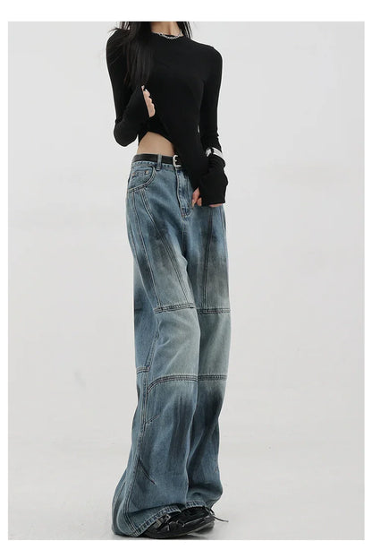 Vintage Distressed And Dirt-Dyed Patchwork Wide-Leg Jeans