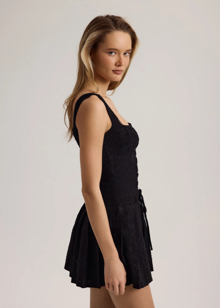 Square Neck Wide Strap Lace Up Floral Jacquard Pleated Fit and Flare Mini Dress