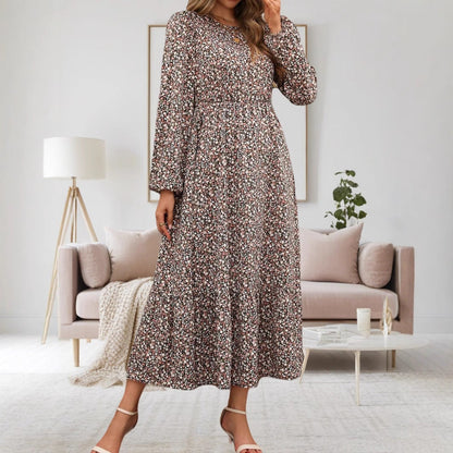 Ditsy Floral Round Neck Long Sleeve Smocked Waist Tiered Ruffle Maxi Dress