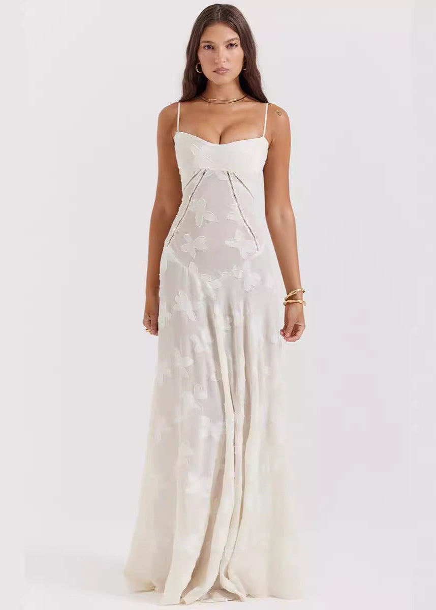 Spaghetti Strap Butterfly Jacquard Burnout Tiered Maxi Dress