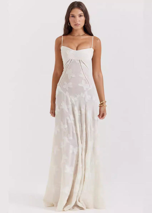Spaghetti Strap Butterfly Jacquard Burnout Tiered Maxi Dress