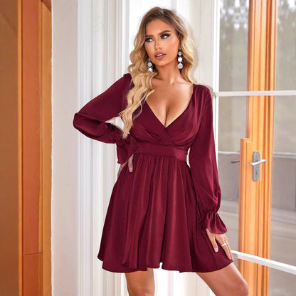 Deep V Plunge neck Dress Wedding Guest Casual Pleated Long Sleeve Lace up Backless Dress
