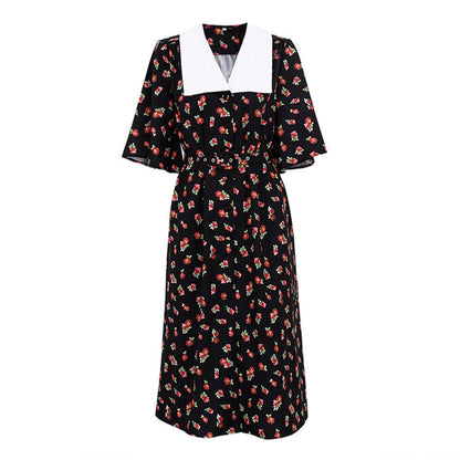 Floral Print Slit Tight Waist A line Dress Elegant Short Sleeve Doll Collar Dress