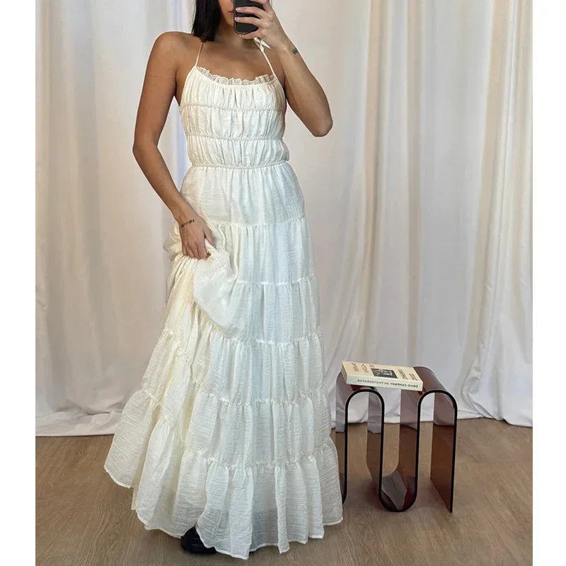 Ivory Tiered Backless Maxi Dress Summer Sundress