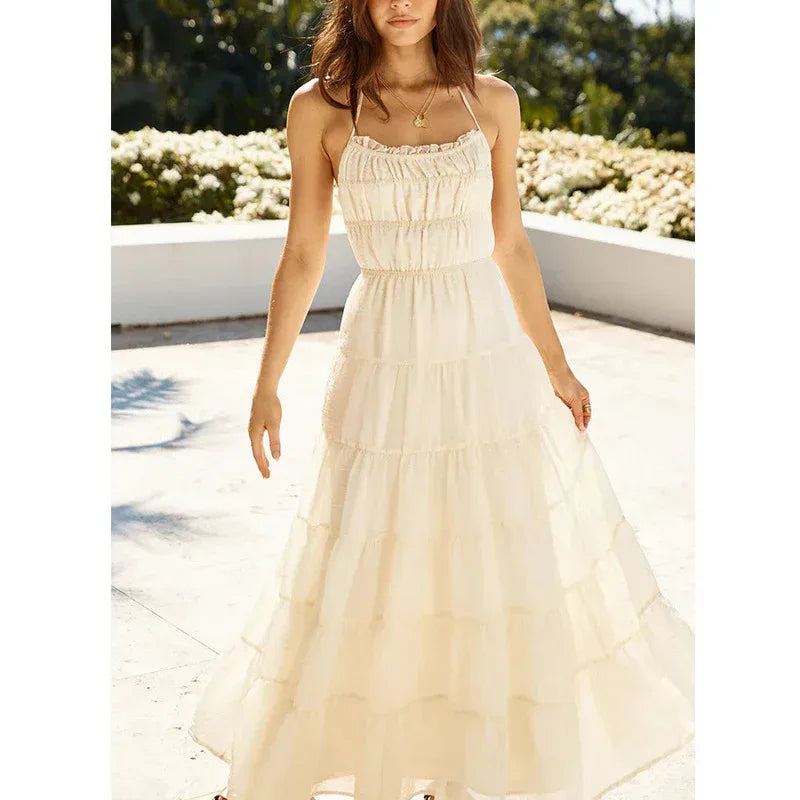 Ivory Tiered Backless Maxi Dress Summer Sundress