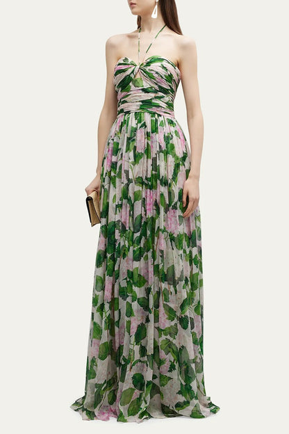 Floral Print Halter Neck Open Back Pleated Chiffon Maxi Dress