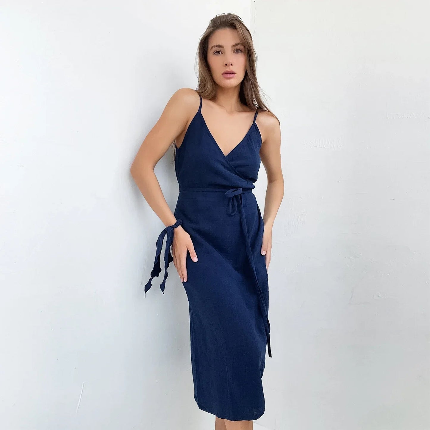 Pure cotton wrap midi slit dress