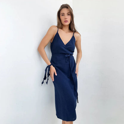 Pure cotton wrap midi slit dress