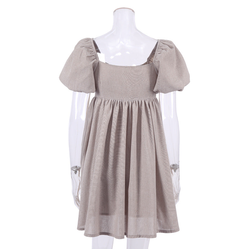 Square Neck Puff Sleeve Linen Babydoll Mini Dress