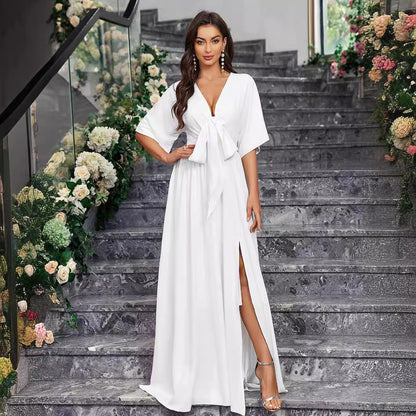 Plus Size Elegant White V neck Split Half Sleeved Lace up Ladies Dress