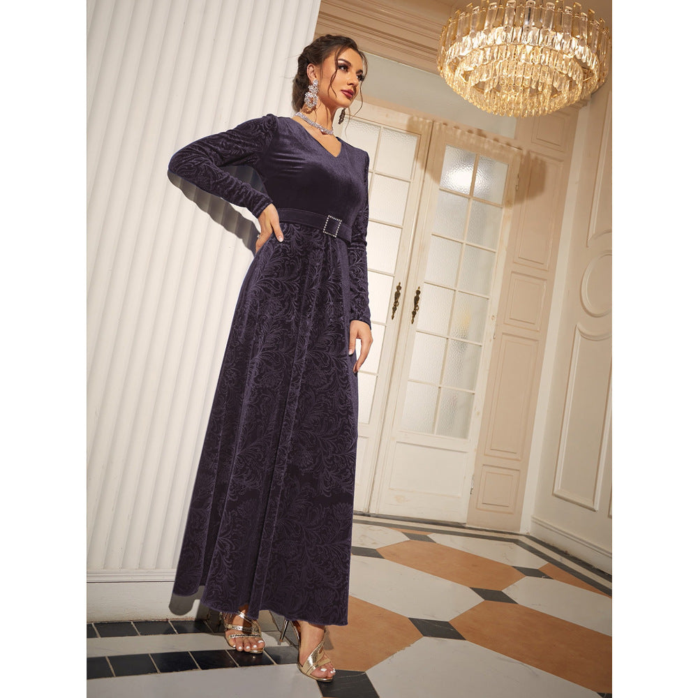 V Neck Long Sleeve Velvet Jacquard Rhinestone Buckle Belt Maxi Dress