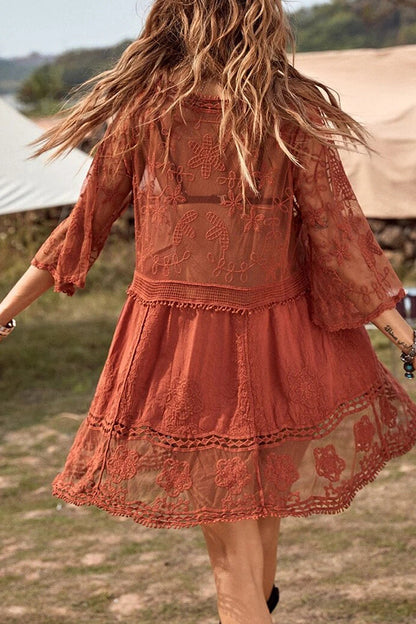 Lace V Neck Hollow Short Sleeved Cover Up