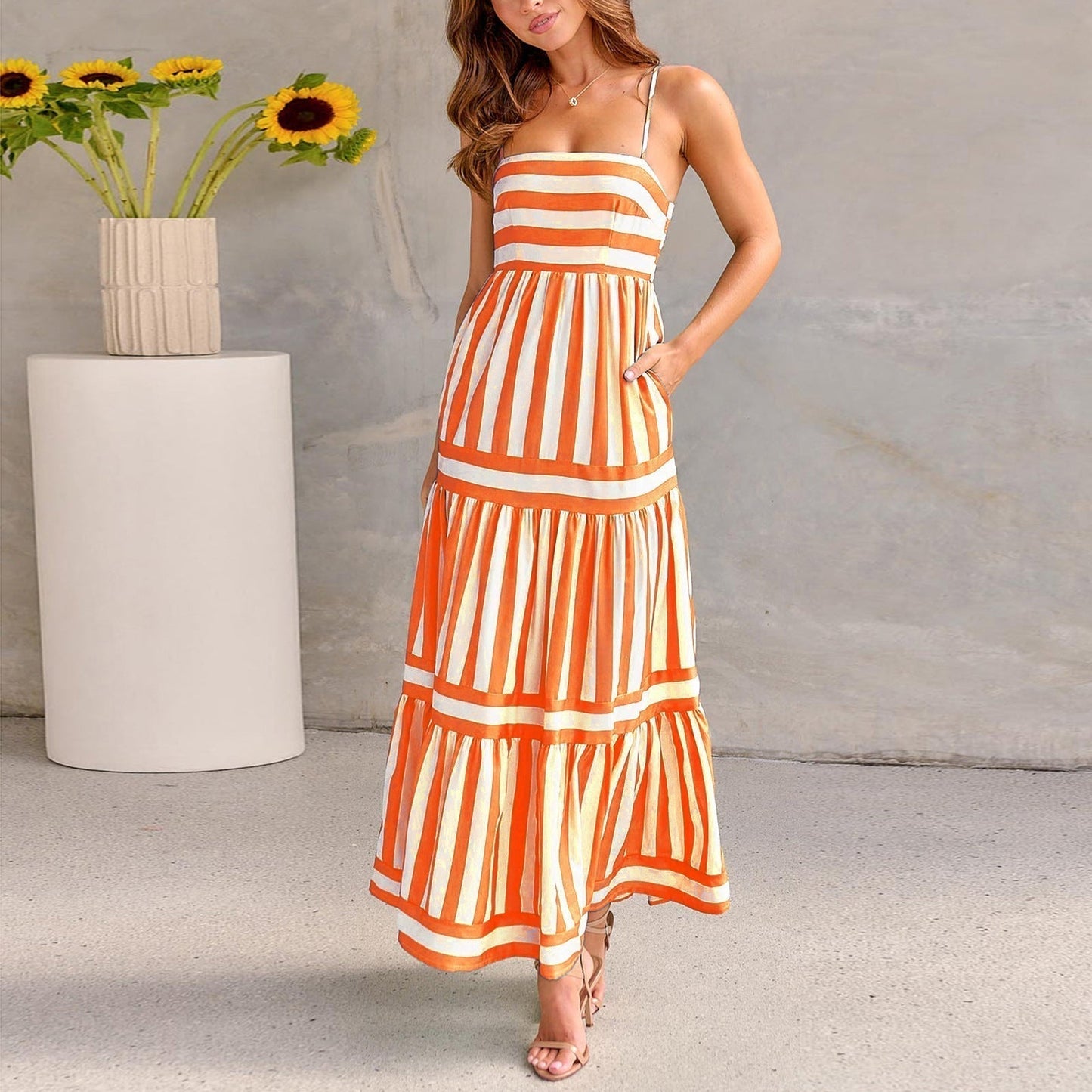 Striped Empire Waist Tiered Ruffle Spaghetti Strap Maxi Dress