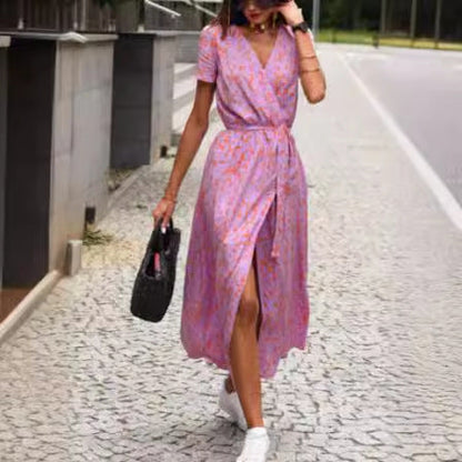 Abstract Floral Print Wrap V-Neck Short Sleeve Front Slit Maxi Dress
