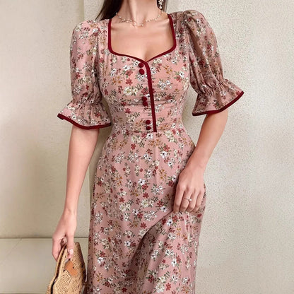 Ditsy Floral Square Neck Puff Sleeve Button Placket Contrast Trim Maxi Dress