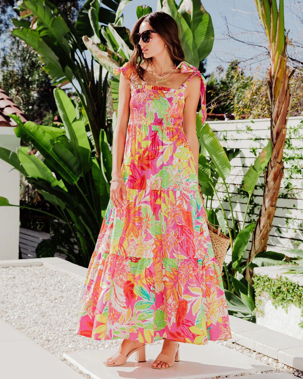 Square Neck Tie Shoulder Smocked Bodice Tiered Tropical Floral Maxi Dress
