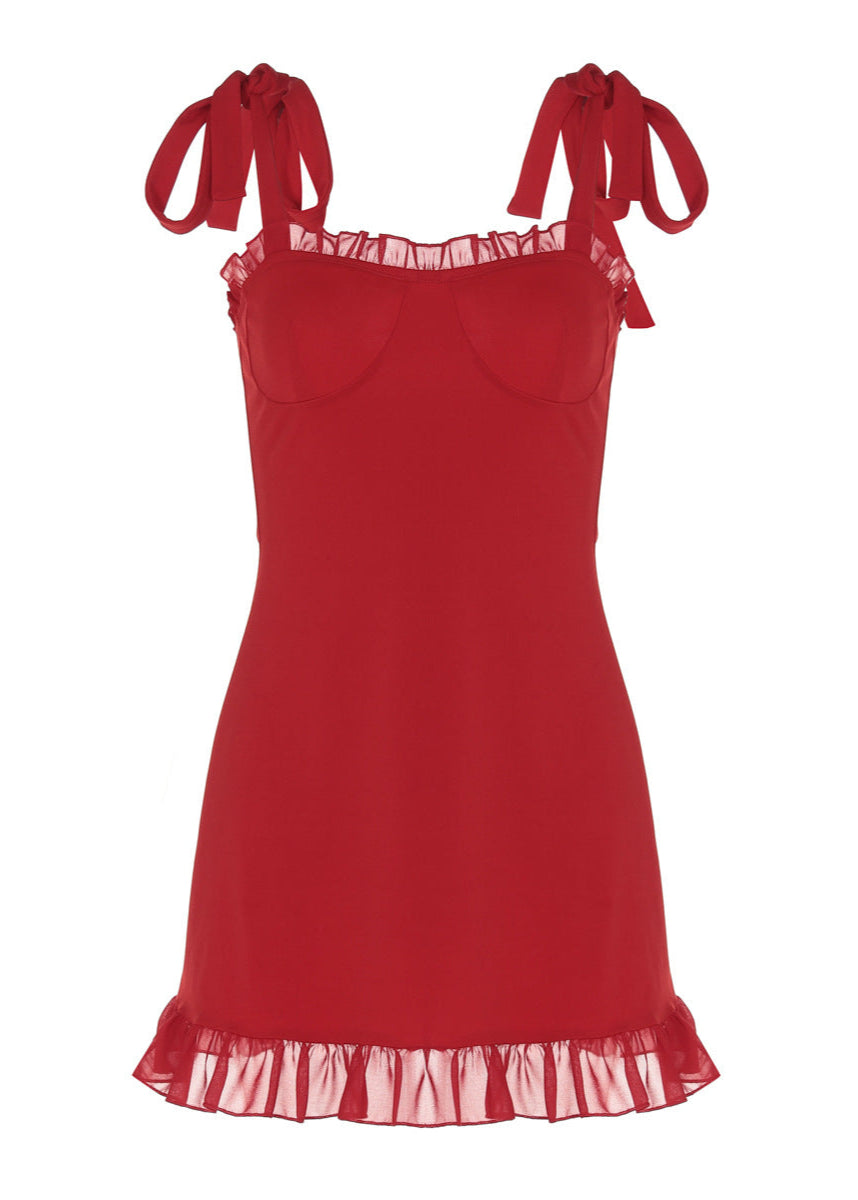 Ruffled Sweetheart Tie Shoulder Strap Flounced Hem Bodycon Mini Dress