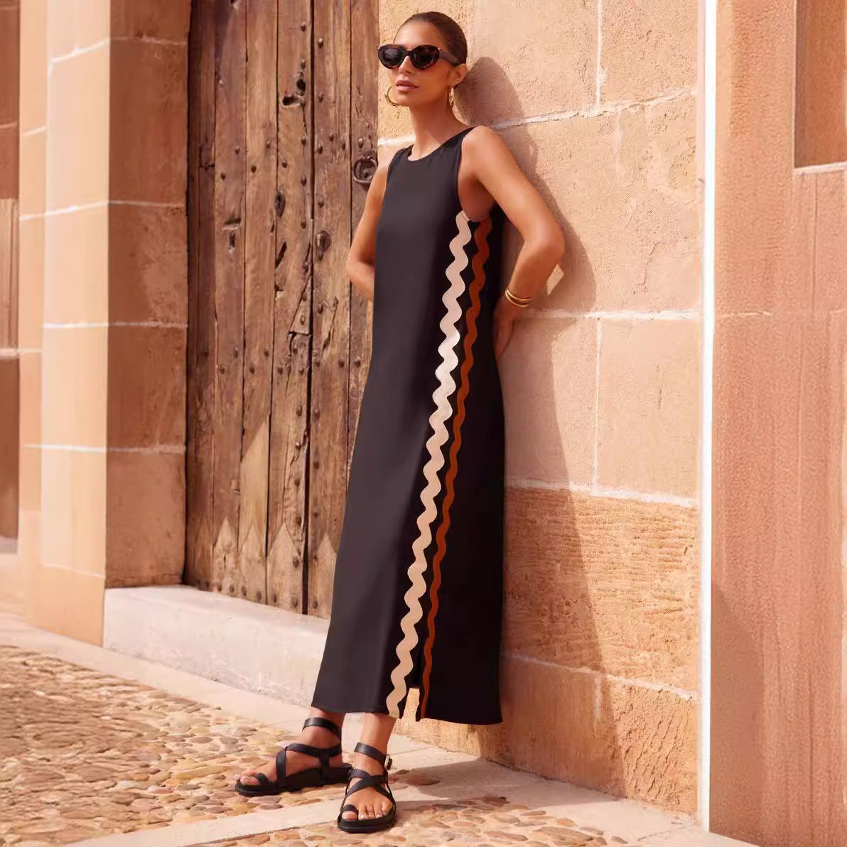 Crew Neck Sleeveless Scalloped Ric Rac Trim Side Slit Maxi Dress