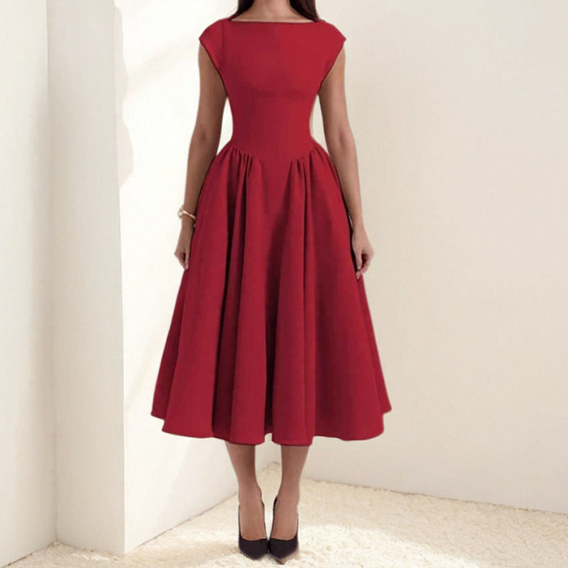 Women's High Neck Line Midi Dress with Gathers - Elegant Sleeveless Cocktail Dress