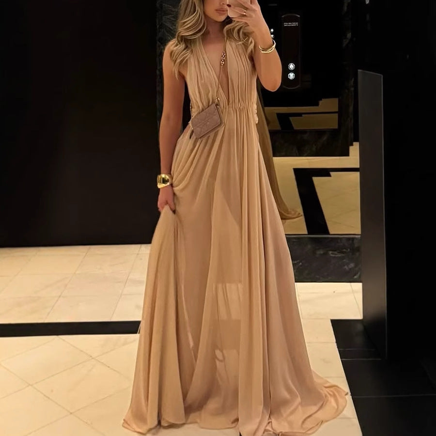 Ethereal Moment Tulle Cutout Ruched Waist Backless Halter Maxi Dress