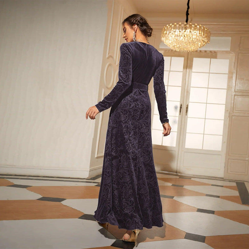 V Neck Long Sleeve Velvet Jacquard Rhinestone Buckle Belt Maxi Dress