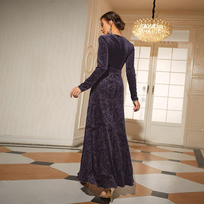 V Neck Long Sleeve Velvet Jacquard Rhinestone Buckle Belt Maxi Dress