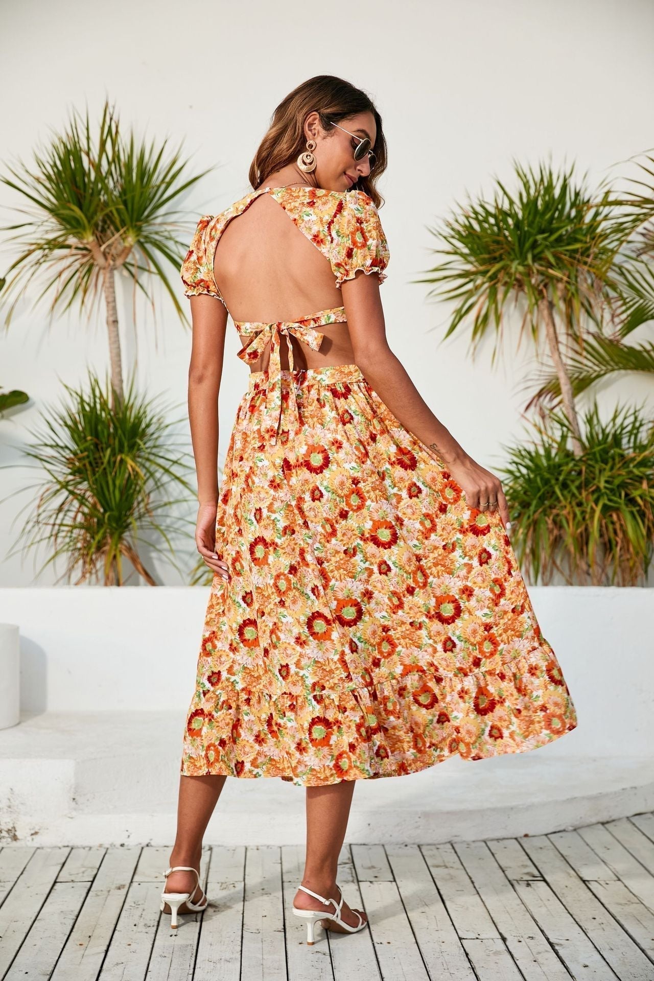 Deep V Neck Puff Sleeve Waist Cutout Gathered Front Ruffle Hem Floral Midi Dress