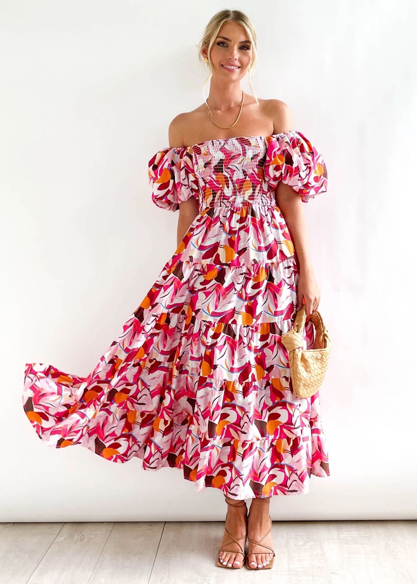 Holiday Slim Fit Backless Large Swing Dress off-Neck Printed Dress Summer