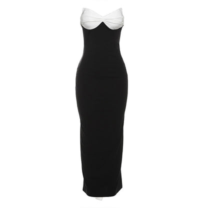 Color Contrast Backless Bow Tube Top Ribbon Dress
