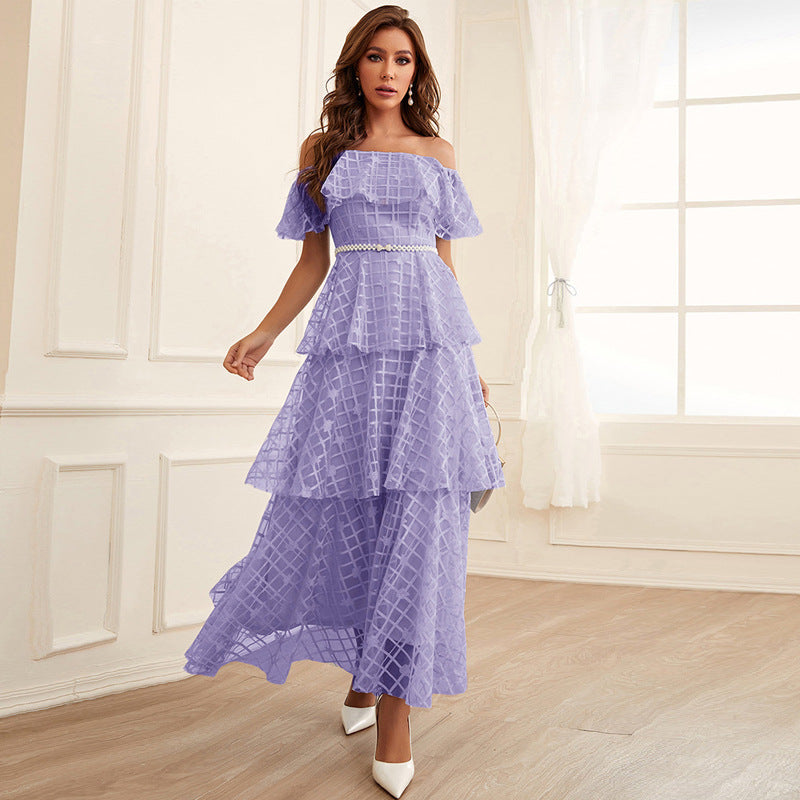 Off Shoulder Pearl Belted Tiered Ruffle Grid Print Organza Maxi Dress