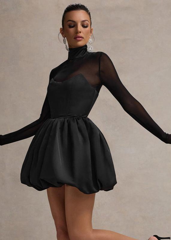 Mock Neck Sheer Sleeve Sweetheart Bubble Hem Mini Dress