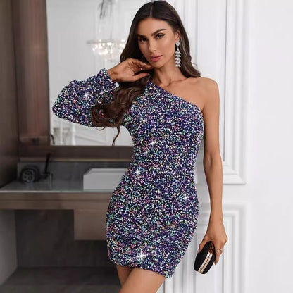 One Shoulder Long Sleeve Sequ Dress Party Dress