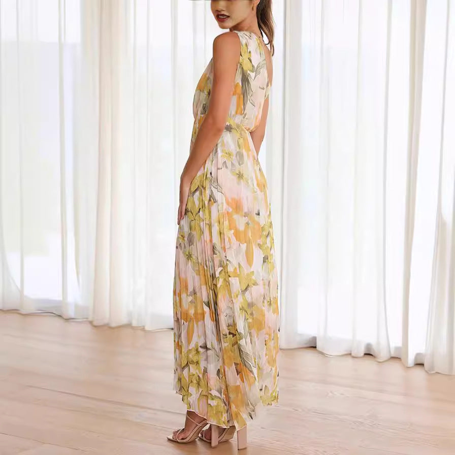 Printing Oblique Shoulder Folding Elastic Waist Vacation Dress Dress