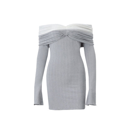 French Off The Shoulder Color Matching Knitted Long Sleeved Dress