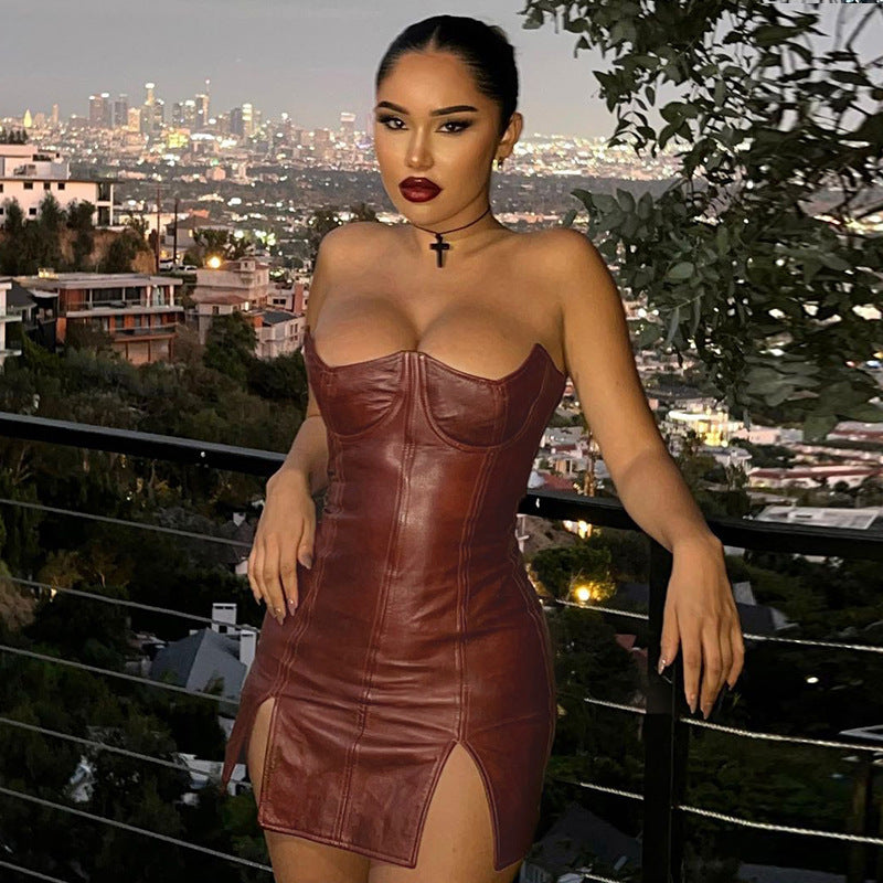 Faux Leather Personality Tube Top Skinny Sheath Sleeveless Backless