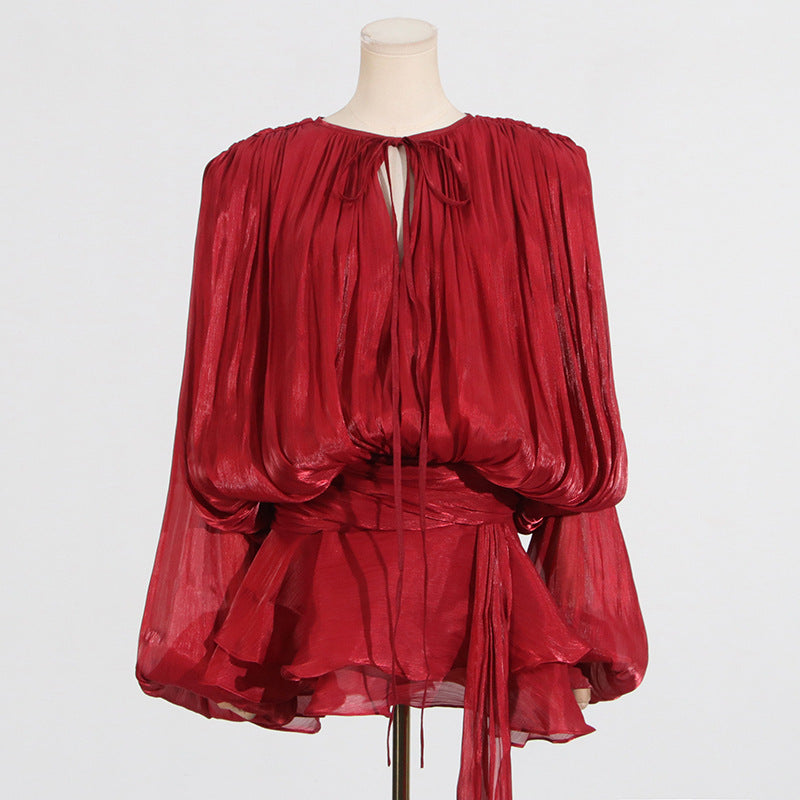 Puff Sleeve Lotus Leaf Skirt Early Pleated Design Short Mesh